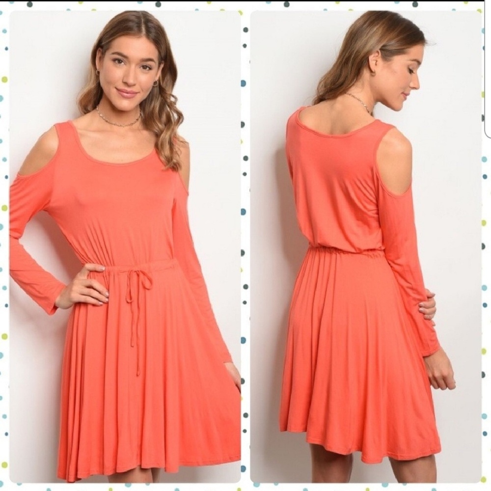 Coral Cold-Shoulder Tie Front Dress
